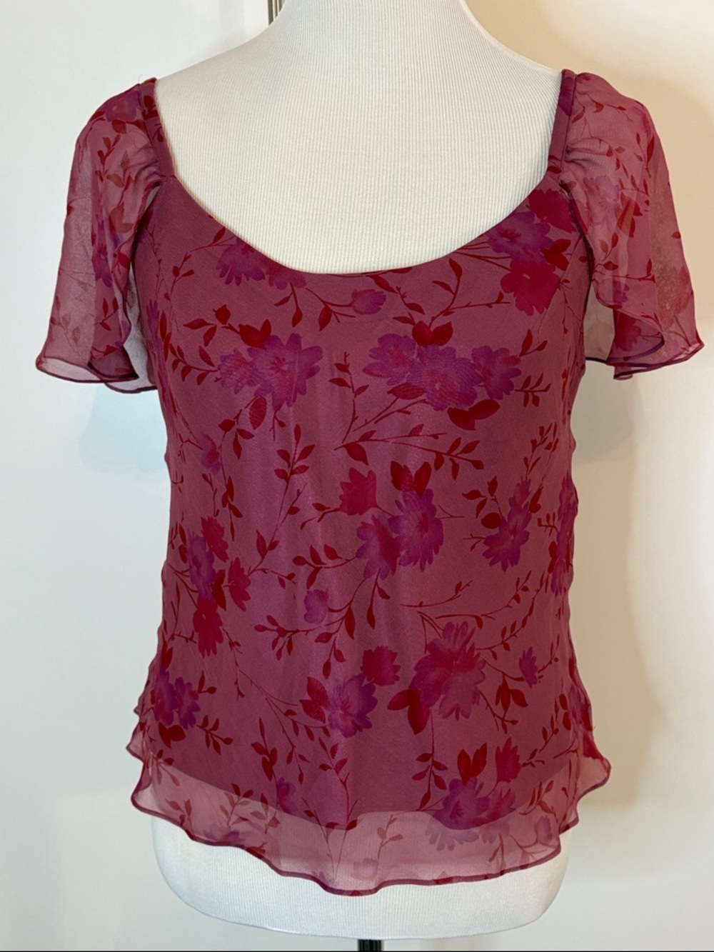 David Warren Vintage Silk Floral Scoop Neck Chiffon Blouse in Berry Plum | 8